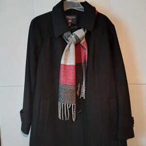 London Fog 2XL Black Wool Coat with Plaid Scarf NWT